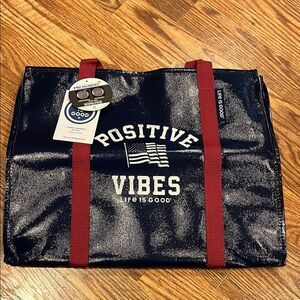 Life is Good Blue Tote Bag with Red Straps